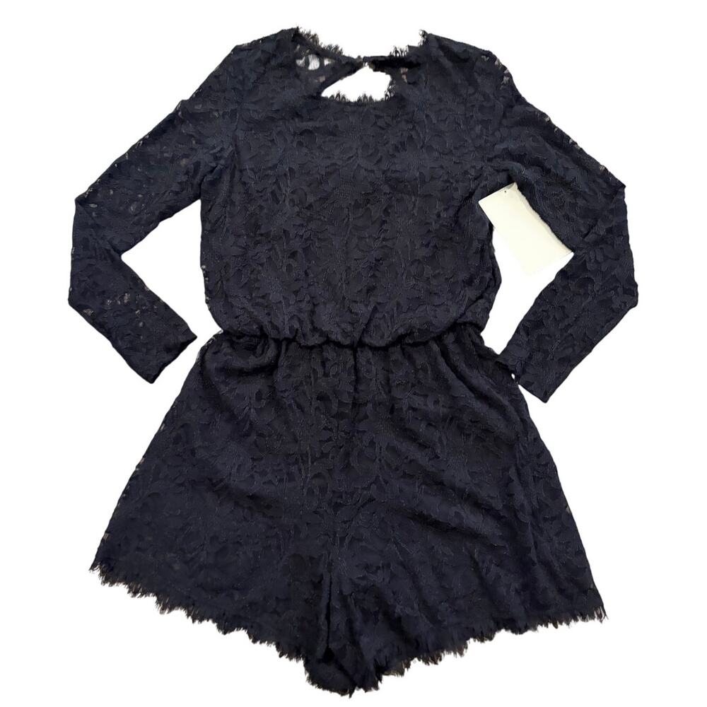 Boston Proper Lace Romper Womens Black Long Sleeve Open Back Dressy Sz L
